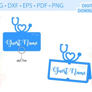 May include: Two blue place card holders with a stethoscope and heart design. The text "Guest Name" is on each card.