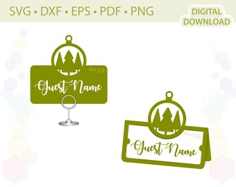 May include: Two green Christmas tree place card holders. The top holder is a round ornament with three trees inside. The bottom holder is a folded card with three trees inside. Both holders say "Guest Name".
