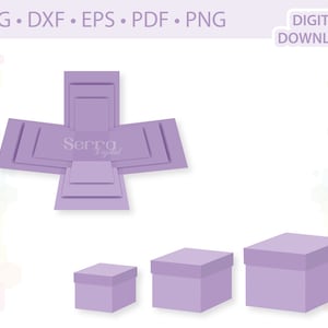 May include: A digital download of a purple, layered, explosion box template. The template is shown assembled and disassembled into three different sizes. The template is labelled "Serra Digital".