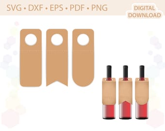 May include: Three brown paper wine bottle tags with a cut-out circle for the neck of the bottle. The tags have a dotted line for easy cutting. Three wine bottles with red wine are shown with the tags attached.