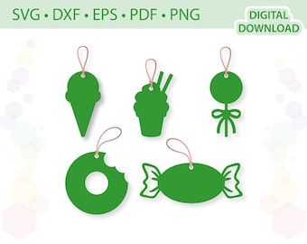May include: Five green printable tags shaped like an ice cream cone, a cupcake, a lollipop, a donut, and a candy. The tags have a hole at the top for string.