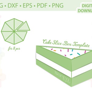 Puede incluir: Una plantilla de caja de rebanada de pastel verde y blanca con un contorno verde de una rebanada de pastel dividida en ocho piezas. El texto "Cake Slice Box Template" está escrito en una fuente cursiva sobre la caja. El texto "for 8 pcs" está escrito debajo del contorno de la rebanada de pastel.