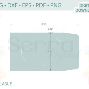 May include: A printable template for a folded card with a light blue background and the word "Serra" in a decorative font. The template is 8.10 inches wide and 4.50 inches tall. The template is scalable.