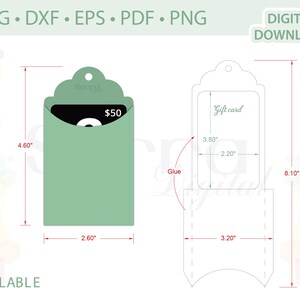 May include: A printable template for a gift card holder. The template is 8.10 inches tall and 3.20 inches wide. The template includes a pocket for a gift card and a tag for a message. The template is designed to be cut out and folded.