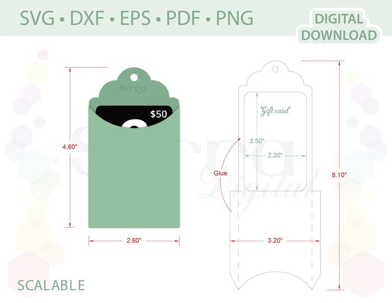May include: A printable template for a gift card holder. The template is 8.10 inches tall and 3.20 inches wide. The template includes a pocket for a gift card and a tag for a message. The template is designed to be cut out and folded.