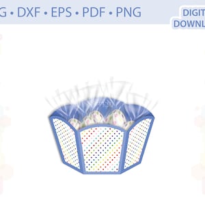 Puede incluir: Una cesta de Pascua azul y blanca con lunares y una ventana de plástico transparente. La cesta está llena de huevos de Pascua coloridos.