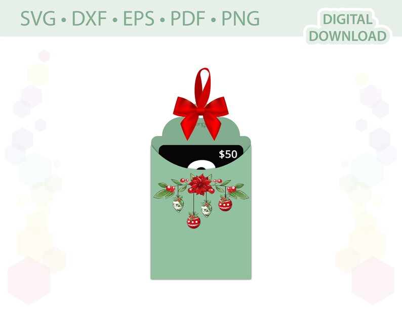 May include: A green gift card envelope with a red bow and a gift card inside. The gift card has a $50 value and is decorated with Christmas ornaments and holly.