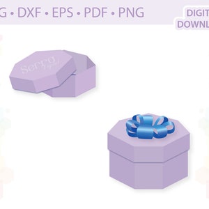 Puede incluir: Una caja de regalo octogonal de color morado con un lazo azul. La caja está abierta y la tapa tiene el texto "Serra Liquid".