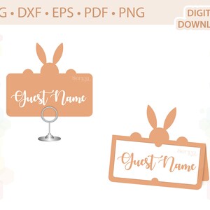 May include: Two printable place card templates featuring a bunny rabbit design. The cards are peach coloured and have the text "Guest Name" in white.