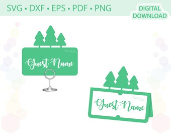 May include: Two green place card holders with a forest silhouette and the text "Guest Name".