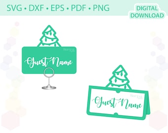 May include: A teal-colored place card with a Christmas tree design at the top, featuring the words "Guest Name" in a cursive font. The image also includes the text "SVG • DXF • EPS • PDF • PNG" and "DIGITAL DOWNLOAD".