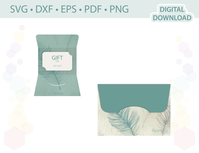 May include: A teal green gift card envelope with a feather pattern. The envelope is folded to reveal a white card with the text "GIFT CARD 3.5" x 2.2" Serengu" printed on it.