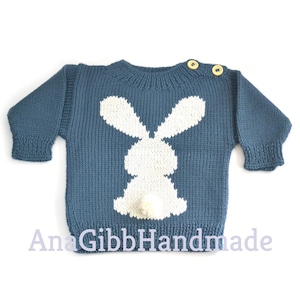 Peut inclure: Un pull en tricot bleu avec un motif de lapin blanc sur le dos. Le lapin a une queue en pompon blanc.
