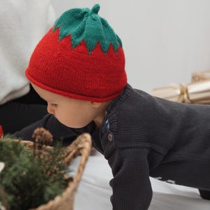 Merino Wool Tomato Hat – Handmade Knitted Baby Beanie, Fun Fruit Hat Gift