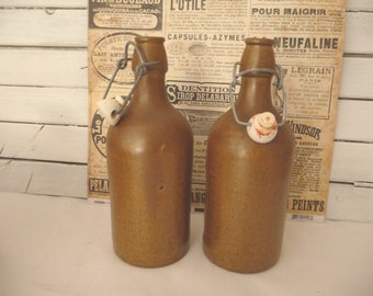 Lot of two old wine bottles, stoneware bottle, terracotta bottle, French