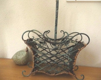 Vintage bottle holder basket, wicker and wrought iron bottle holder, French, wine bottles