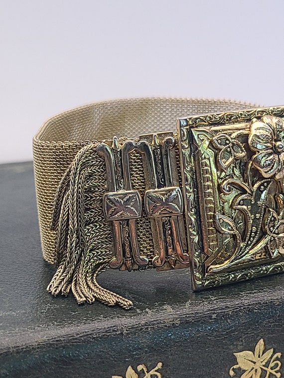 Antique Floral Mesh Slide Gold Filled Bracelet - image 3