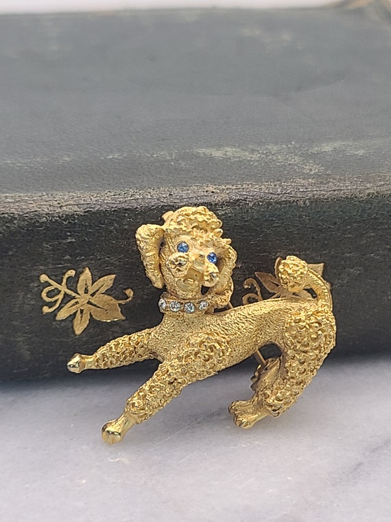 Vintage French Poodle Gold Tone and Crystal Brooch - image 3