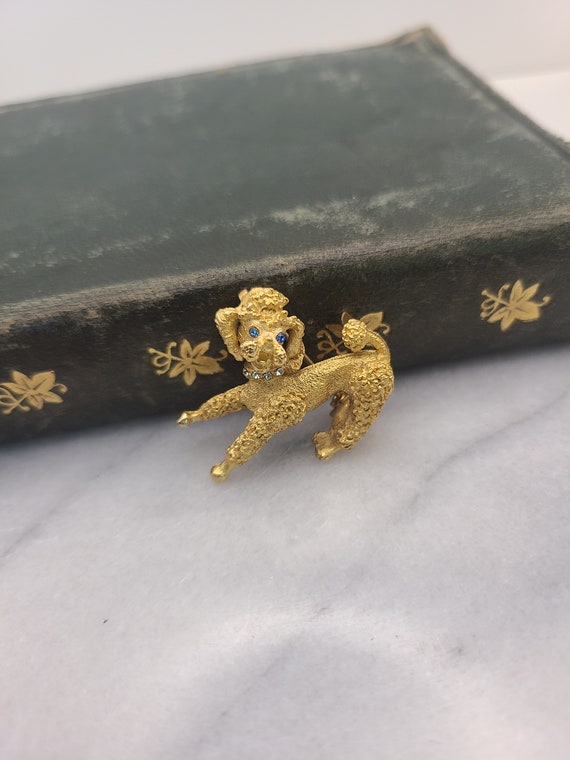 Vintage French Poodle Gold Tone and Crystal Brooch - image 2