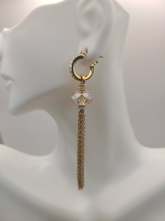 Gold Tone Long Tassel Crystal Earrings