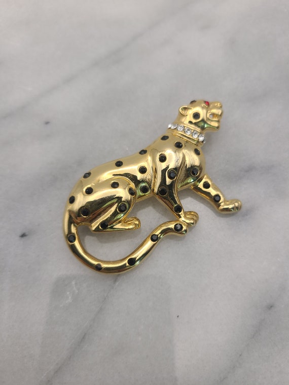 Vintage Gold Tone Large Cheetah Rhinestone Brooch