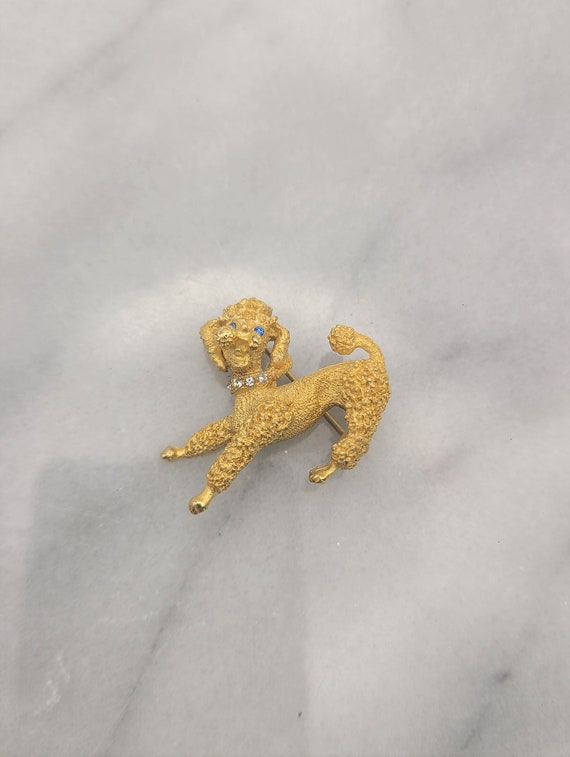 Vintage French Poodle Gold Tone and Crystal Brooch - image 1