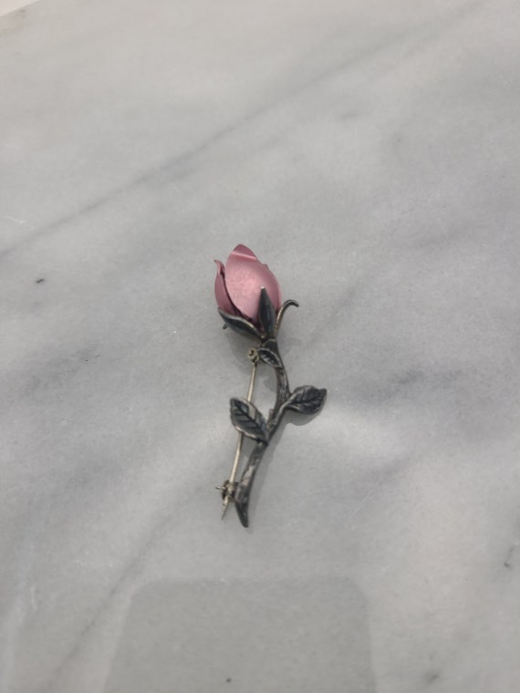 Vintage Sterling Silver Pink Rose Brooch