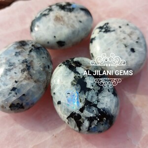 Flashy White Rainbow Moonstone Palm Stone: Tumbled Pebble