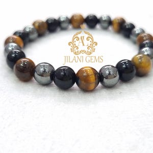 Tiger Eye, Hematite & Obsidian Triple Protection Bracelet: 8mm Crystal Healing