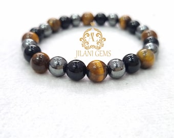 Tiger Eye, Hematite & Obsidian Triple Protection Bracelet: 8mm Crystal Healing