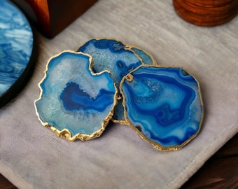 Blue agate slice coaster set-crystal , 1 set 4 Piece