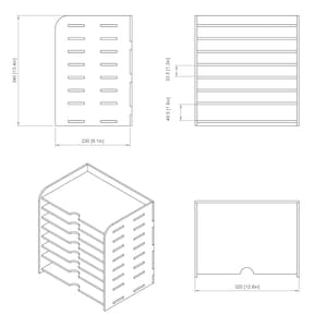 May include: A wooden file organizer with six shelves and a curved front. The organizer is 13.4 inches tall, 9.1 inches wide, and 12.6 inches deep.