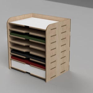 May include: Wooden desk organizer with five shelves and a drawer. The shelves are stacked and the drawer is at the bottom. The organizer is made of light wood with a natural finish. The shelves are empty, but the drawer has a white paper insert.