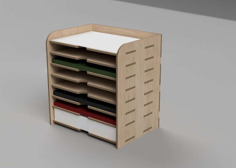 May include: Wooden desk organizer with five shelves and a drawer. The shelves are stacked and the drawer is at the bottom. The organizer is made of light wood with a natural finish. The shelves are empty, but the drawer has a white paper insert.