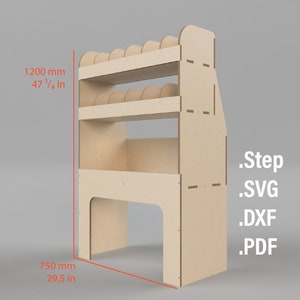 May include: A light-colored wooden storage unit, 47 1/4 inches tall and 29.5 inches wide, with multiple shelves and a unique design. The unit has a series of curved cutouts along the top shelf. The image also includes the text: .Step .SVG .DXF .PDF.
