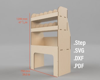 Könnte beinhalten: Ein helles Holzregal, 1200 mm hoch und 750 mm breit, mit mehreren Regalen und einem einzigartigen Design. Das Regal hat eine Reihe von geschwungenen Aussparungen entlang des obersten Regals. Der Text lautet: .Step .SVG .DXF .PDF.