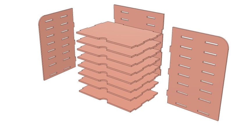 May include: A wooden storage box with a stack of 8 removable shelves. The box has a light brown color and is made of wood. The shelves are designed to hold small items, such as jewelry, craft supplies, or other small objects.