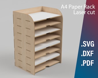 Könnte beinhalten: Ein A4-Papierregal aus Holz mit sechs Ablagen. Das Regal ist aus hellbraunem Holz gefertigt und hat eine natürliche Holzoptik. Das Regal ist für A4-Papier ausgelegt. Der Text "A4 Paper Rack Laser cut" ist auf der rechten Seite des Bildes sichtbar. Der Text ".SVG .DXF .PDF" ist auf der rechten Seite des Bildes sichtbar.