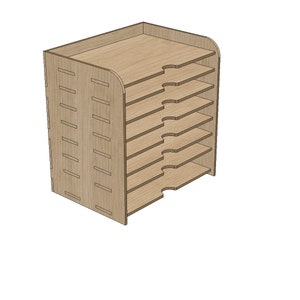 May include: A wooden file organizer with eight shelves. The organizer is made of light brown wood and has a decorative pattern on the front.