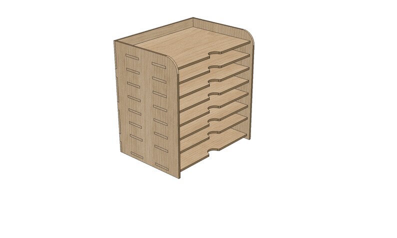 May include: A wooden file organizer with eight shelves. The organizer is made of light brown wood and has a decorative pattern on the front.