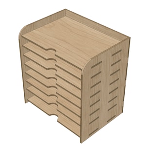 May include: A wooden organizer with eight shelves for storing papers or other items. The shelves have a decorative cut-out design on the front edge.