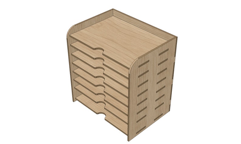 May include: A wooden organizer with eight shelves for storing papers or other items. The shelves have a decorative cut-out design on the front edge.