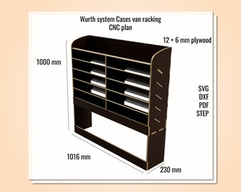 Könnte beinhalten: Eine 3D-Darstellung eines schwarzen Holzregals mit 6 Regalböden. Das Regal ist 100 cm hoch, 101,6 cm breit und 23 cm tief. Der Text "Wurth system Cases van racking CNC plan" befindet sich oben im Bild. Der Text "12 + 6 mm plywood" befindet sich rechts im Bild. Der Text "SVG DXF PDF STEP" befindet sich rechts im Bild.