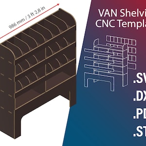 May include: A brown wooden van shelving CNC template. The shelving unit is 3 ft 11 in tall and 3 ft 2.8 in wide, featuring multiple compartments and shelves. The image also includes a diagram and file type options: .SVG, .DXF, .PDF, and .STEP.