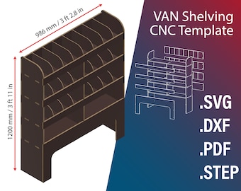 Könnte beinhalten: Eine braune Holz-Van-Regal-CNC-Vorlage. Das Regal ist 1200 mm hoch und 986 mm breit und verfügt über mehrere Fächer und Regale. Das Bild enthält auch ein Diagramm und Dateitypoptionen: .SVG, .DXF, .PDF und .STEP.