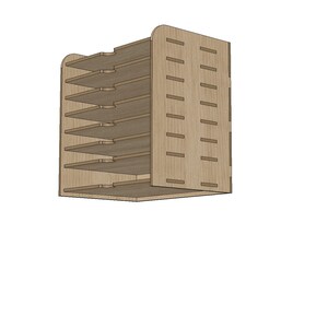 May include: A wooden organizer with eight shelves for storing items. The organizer is made of light brown wood and has a simple design.