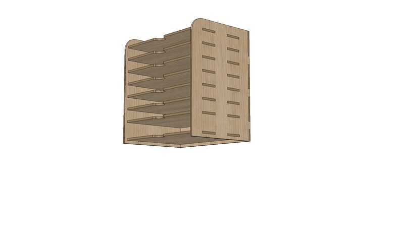 May include: A wooden organizer with eight shelves for storing items. The organizer is made of light brown wood and has a simple design.