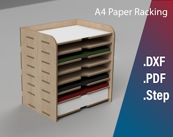 Könnte beinhalten: Ein A4-Papierregal aus Holz mit sechs Ablagen. Das Regal ist aus hellbraunem Holz gefertigt und hat eine weiße Oberseite. Das Regal steht auf einer grauen Oberfläche.