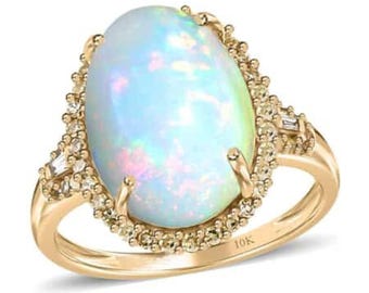 10K Yellow Gold AAA Ethiopian Welo Opal and I3 Natural Yellow Diamond Halo Ring