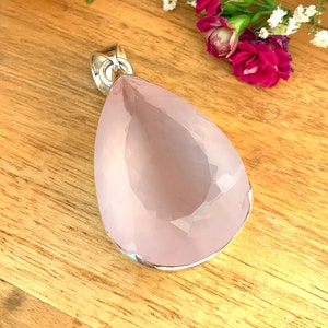 Certified Large Rose Quartz Pendant, AAA Quality Natural Rose Quartz Pendant, 92.5 Sterling Silver, Faceted Rose Quartz, Weight- 98.25Carat